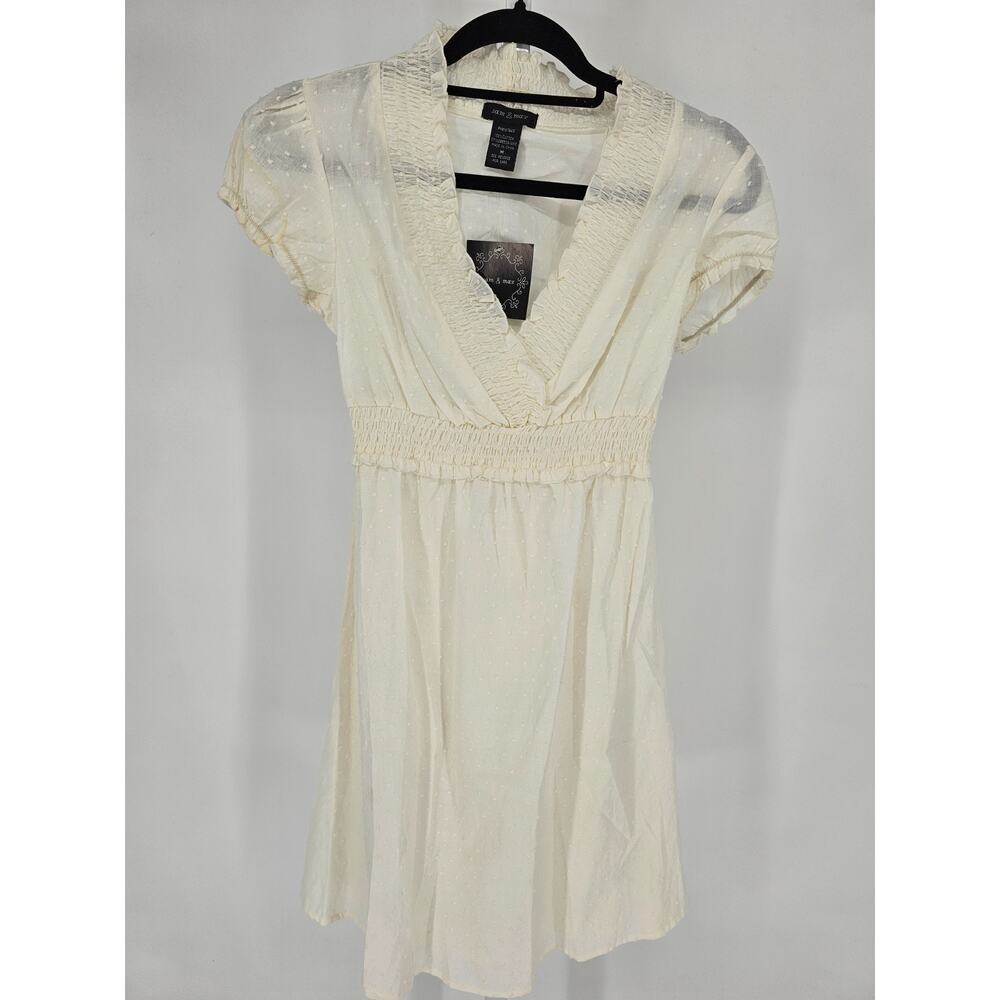 Vtg Y2K Sam & Max Womens Sz M Knee Length Babydoll Dress White Smocked NEW